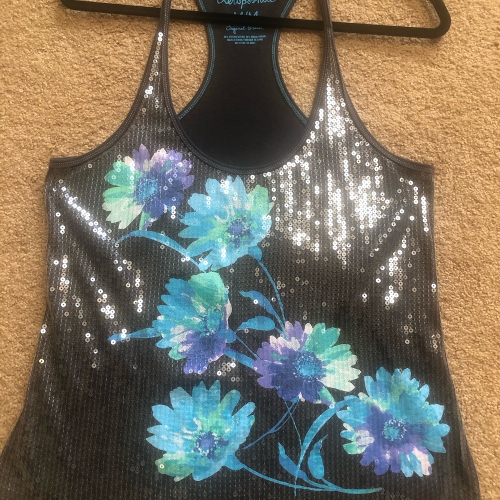 BLING BLING Aeropostale Black Sequin Floral Tank Top (2)